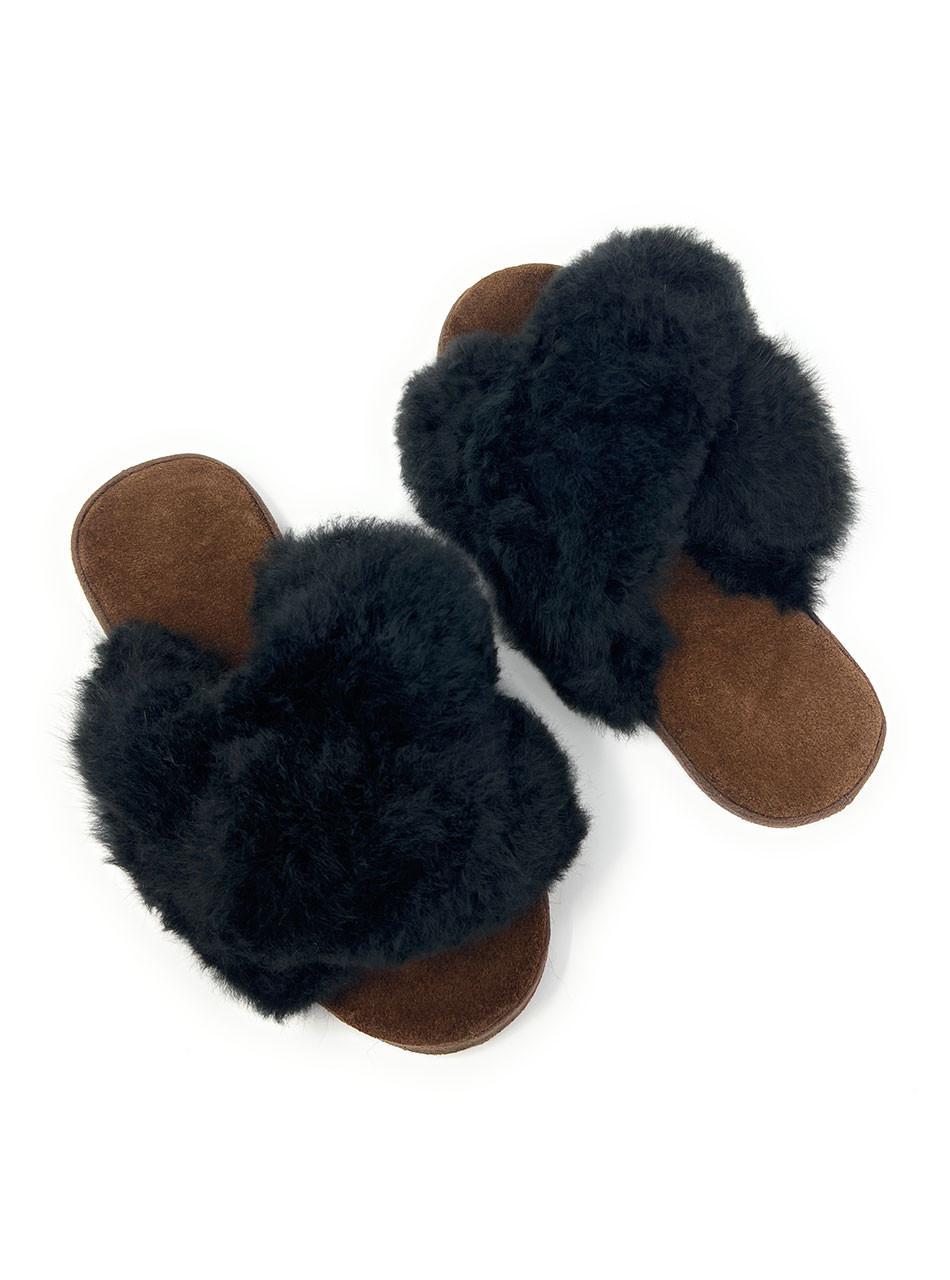 Criss-Cross Alpaca Fur Band Slippers.