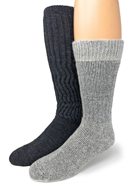 Toasty Toes Ultimate Alpaca Socks® in grey and Second to None Boot Socks in charcoal side by side on feet forms
