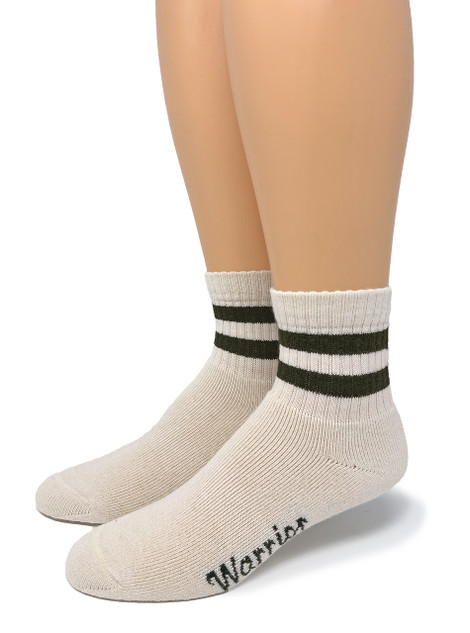 Unisex vintage striped alpaca quarter socks, Olive Green/Natural, Toe, Main Image.