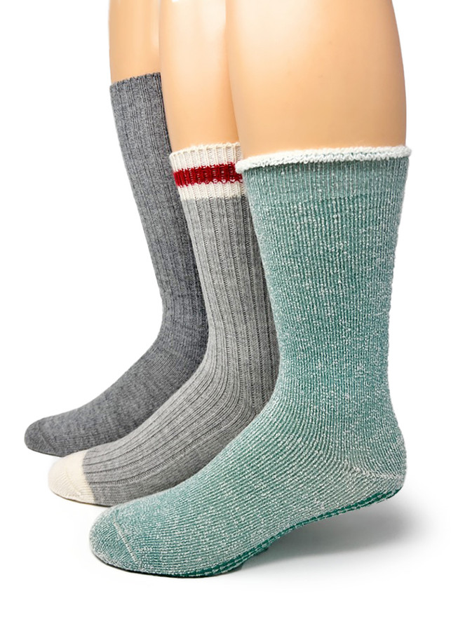 Ribbed Casual Alpaca Socks, Kozy Kick-Back Grippy Socks, and Varsity Red Stripe Socks on foot forms side by side