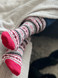 Snozone Nordic Patterned Alpaca Crew Socks On feet relaxing - Red Nordic