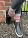Fair Isle Handknit 100% Alpaca Crew Socks on model with shoes.