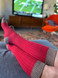 Long John Colorblock Alpaca Boot Socks red / brown on model watching football.