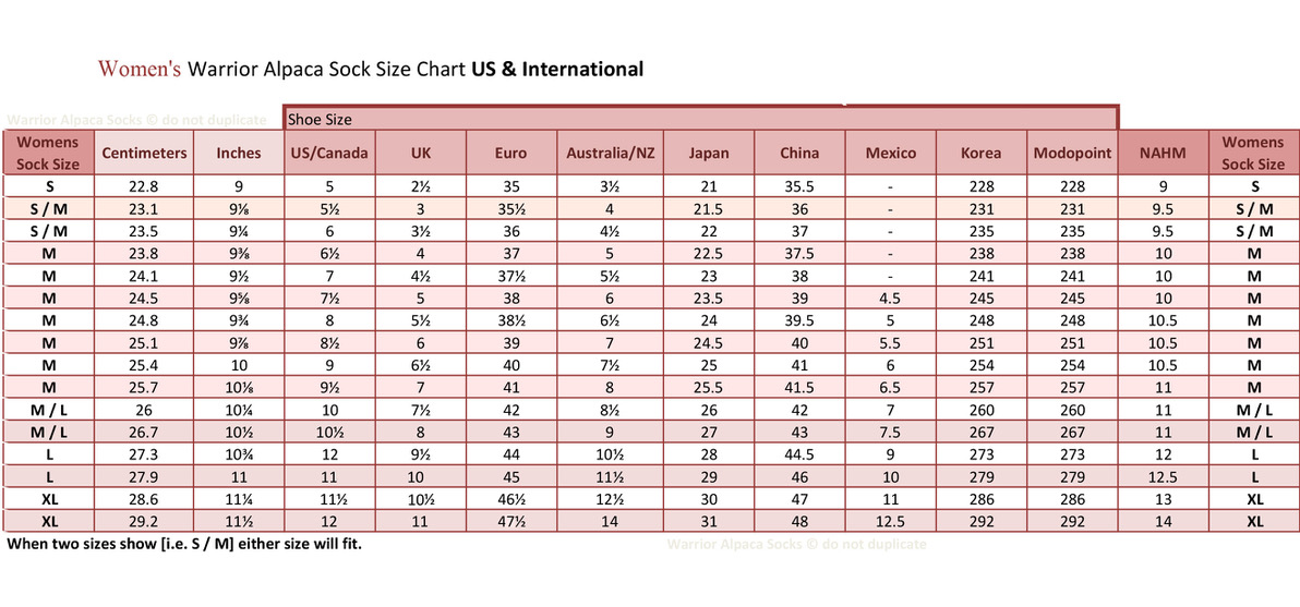 Warrior Alpaca Sock Size Chart - U.S. and International