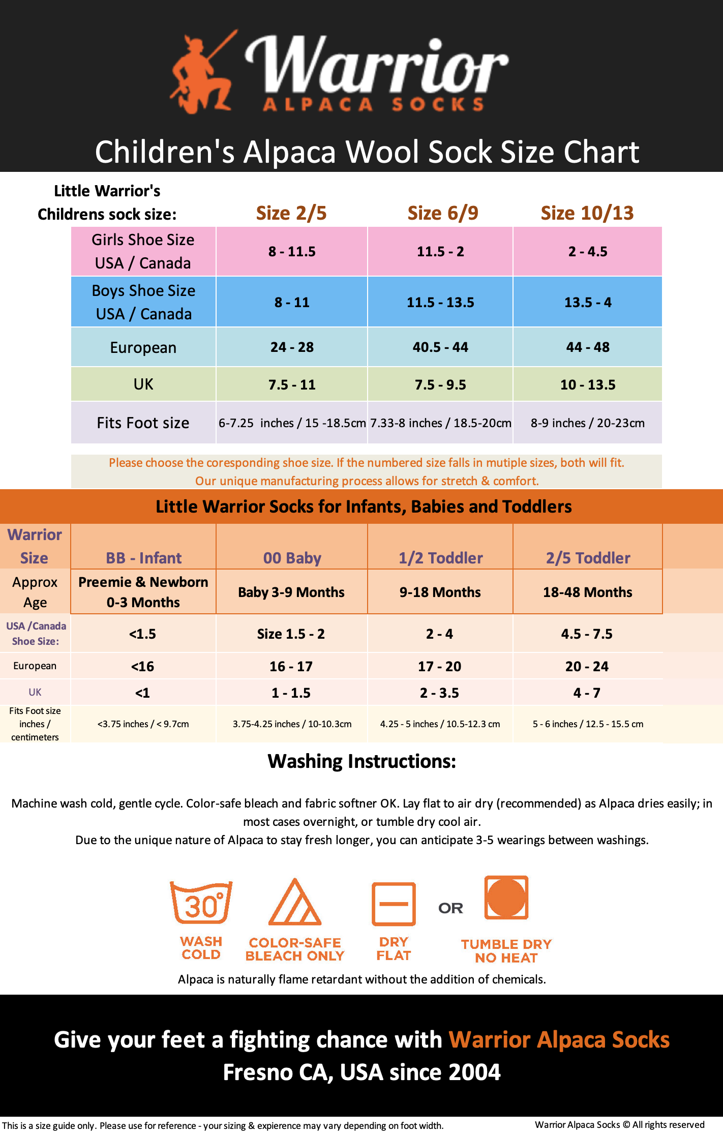 children's sock size chart