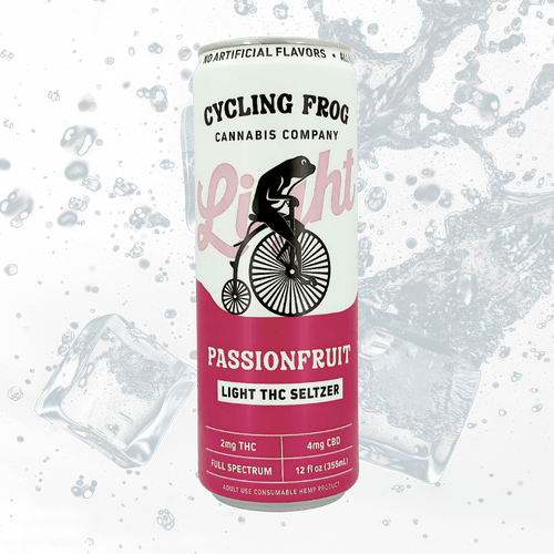 Passionfruit THC seltzer by Cycling Frog – 2mg THC + 4mg CBD drink