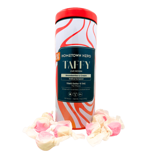 Hometown Hero strawberry cream live rosin taffy 15mg individually wrapped indica edible