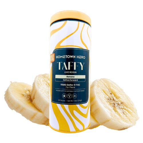 Hometown Hero banana delta-9 live rosin taffy sativa 15mg 30ct tin