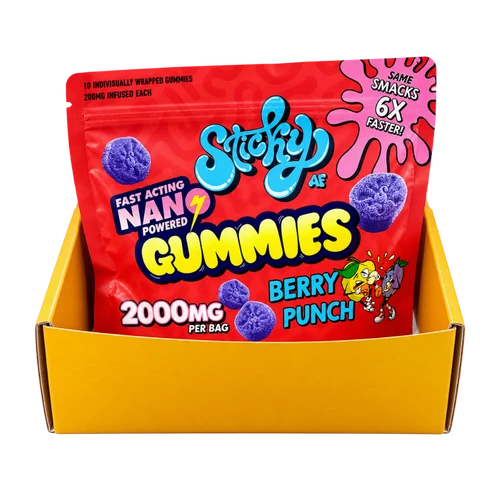 Sticky AF Berry Punch gummies back label, ingredients and nutrition facts