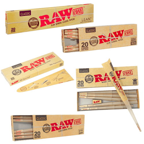 RAW pre-rolled cones all five sizes lineup