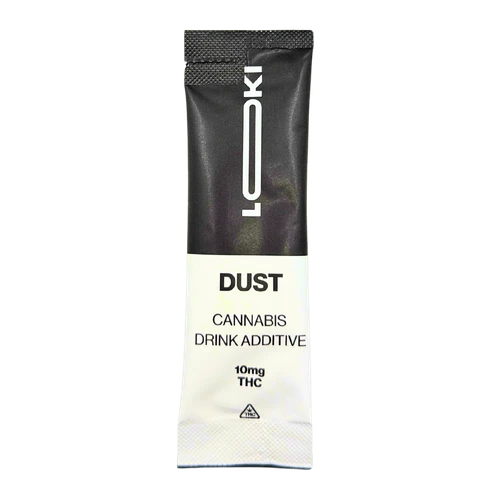 LOKI Cannabis Dust sachet with 10mg Delta 9 THC on gray backdrop