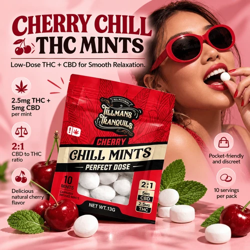 Tillmans Tranquils Cherry Chill microdose THC CBD mints, 10-count red pouch