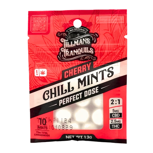 Tillmans Cherry Chill mints chart: 2.5mg THC, 5mg CBD per mint