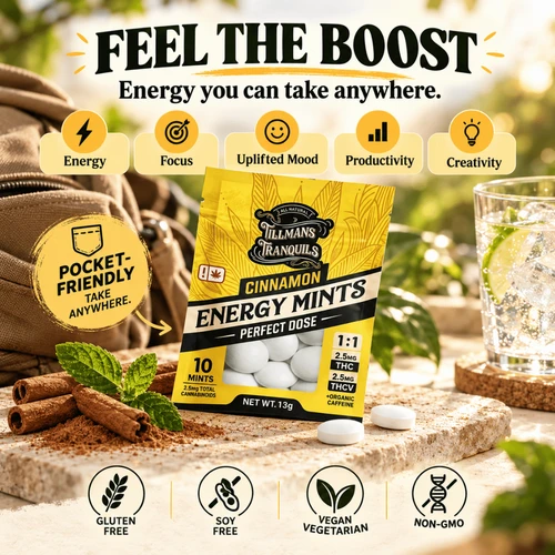 Tillmans Cinnamon Energy Mints chart listing THC, THCV and caffeine with cinnamon