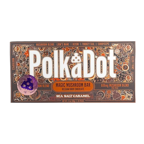 PolkaDot Sea Salt Caramel milk chocolate bar, Lion’s Mane and Turkey Tail
