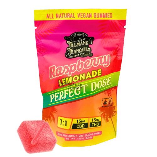 Tillmans Tranquils Perfect Dose Raspberry Lemonade 1:1 THC gummies, 15 count pack