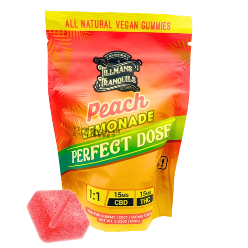 Tillmans Perfect Dose Peach Lemonade Delta-9 and CBD gummies, vegan, 15ct