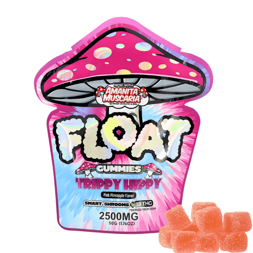 Float Trippy Hippy pink pineapple mushroom THC gummies pouch