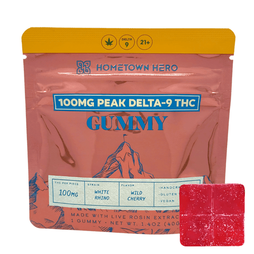 Hometown Hero Peak Gummy 100mg Delta-9 White Rhino live rosin wild cherry