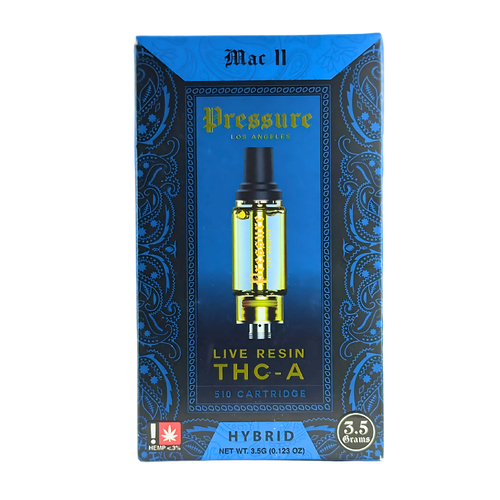 Pressure 3.5g THCA vape cartridge featuring MAC 11 strain