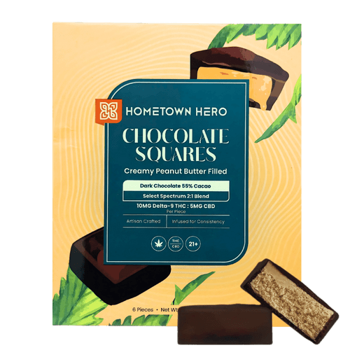 Hometown Hero THC + CBD dark chocolate peanut butter squares 6ct box
