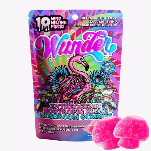 Wunder Pink Lemonade mushroom gummies pouch, Blue Lotus, 12000mg