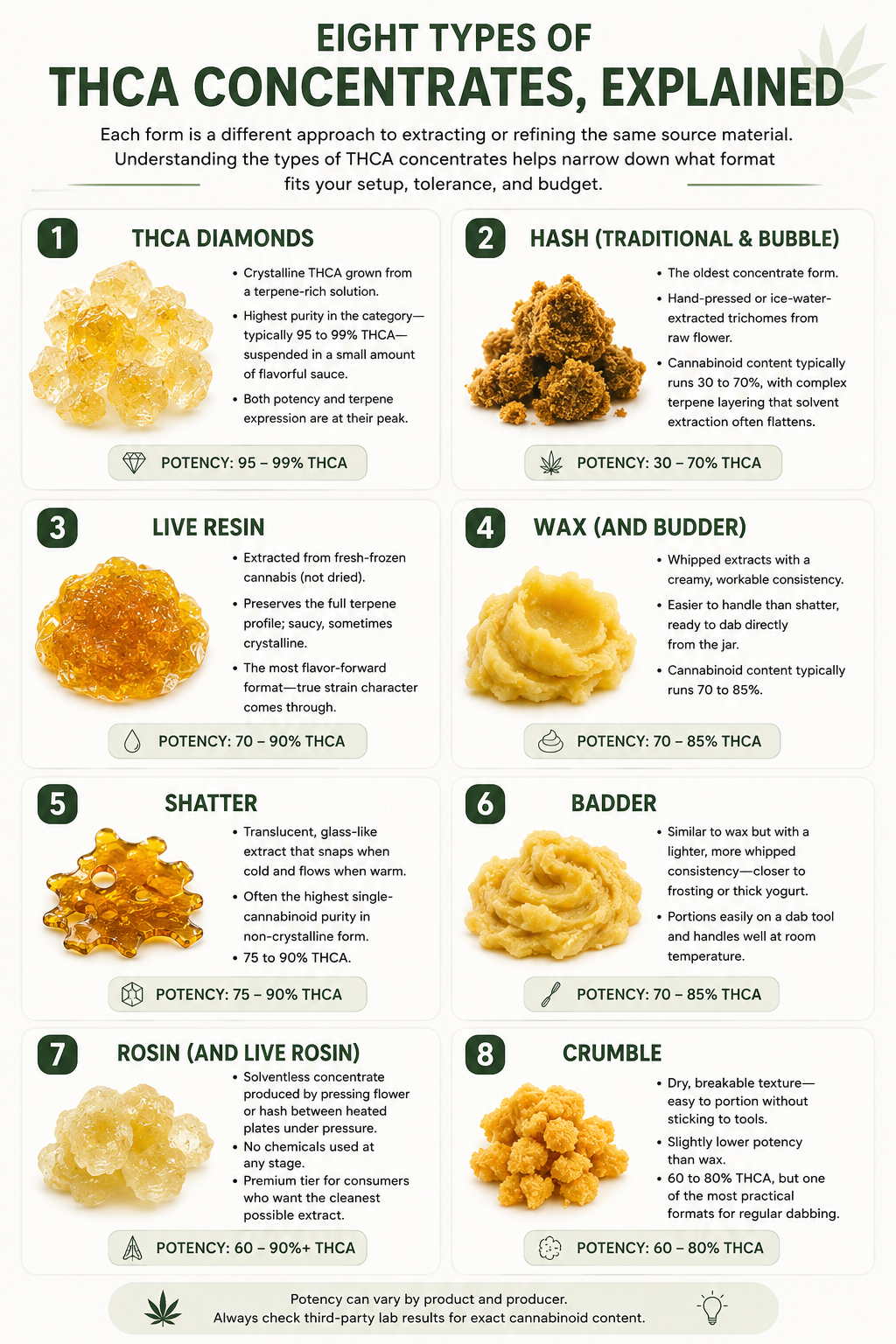 Visual guide to eight THCA concentrate formats showing diamonds, hash, live resin, wax, shatter, badder, rosin, and crumble with key characteristics and potency ranges.