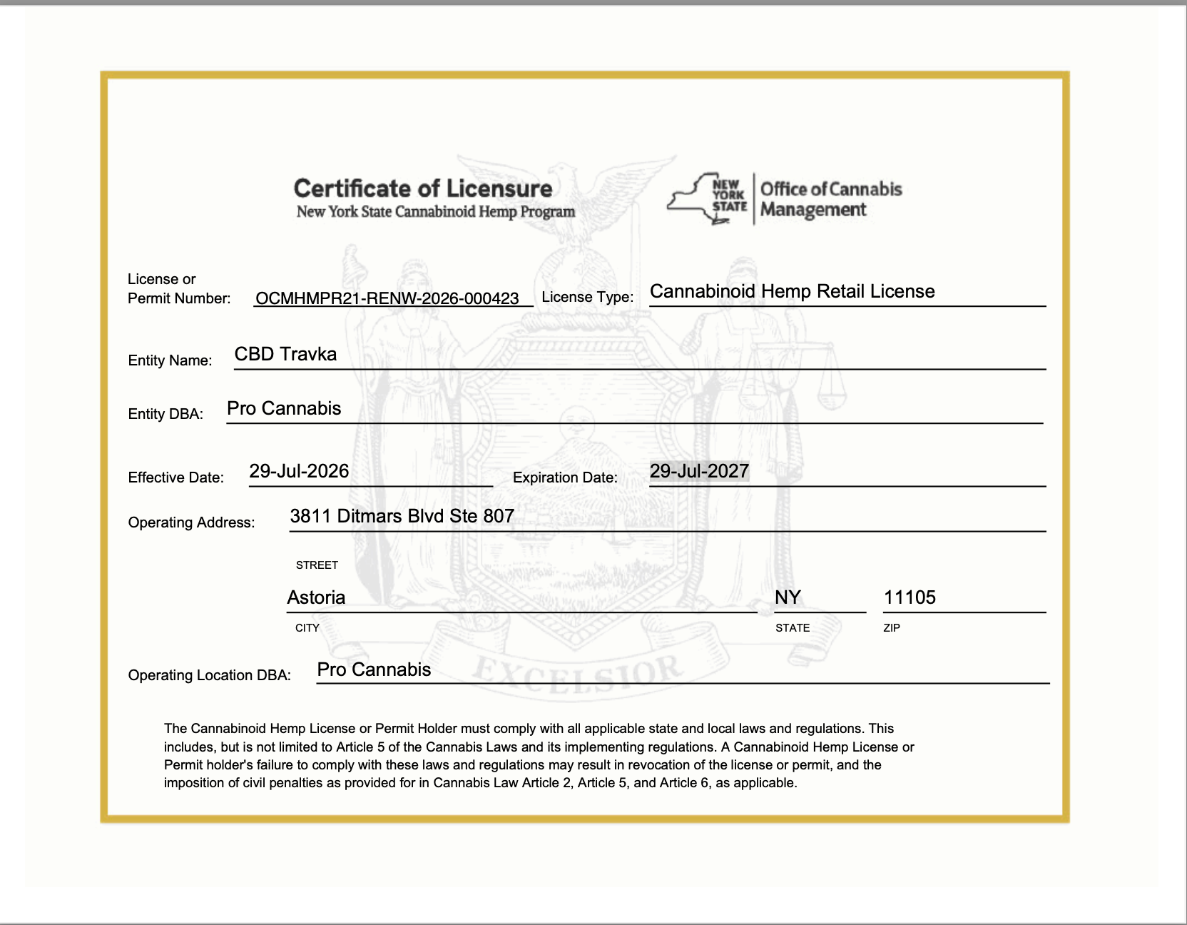 ProCannabis (CBD Travka) New York State Cannabinoid Hemp Retail License OCM-HMPR-24-08821, valid through July 29, 2027