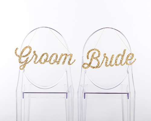 Bride and Groom Chair Signs - Gold Glitter