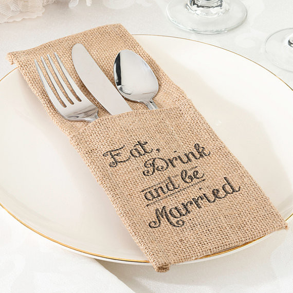 Set of 4 Be Married Burlap Silverware Holder