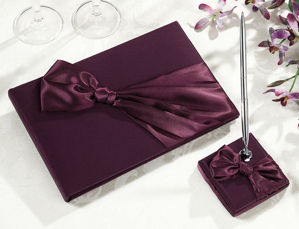 Plum Satin Guest Book with Pen Set
