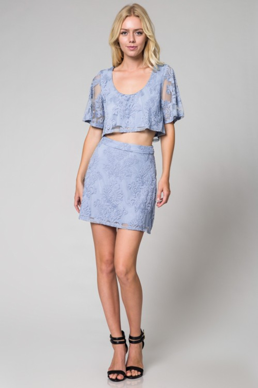 Light Blue Lace Embroidered Skirt