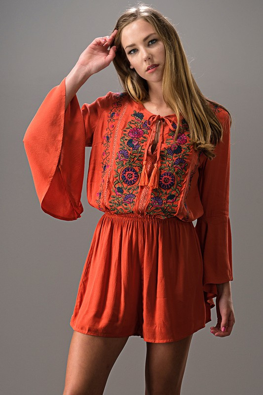 Burnt Orange Romper Bell Sleeves with 