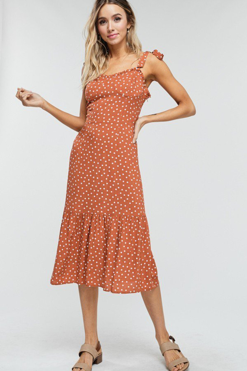 orange polka dot midi dress