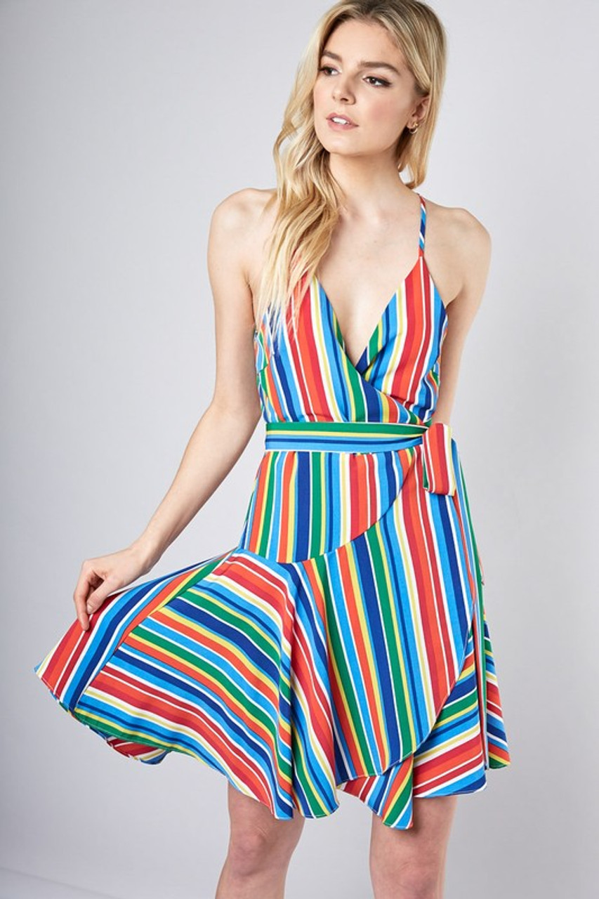 multi stripe wrap dress