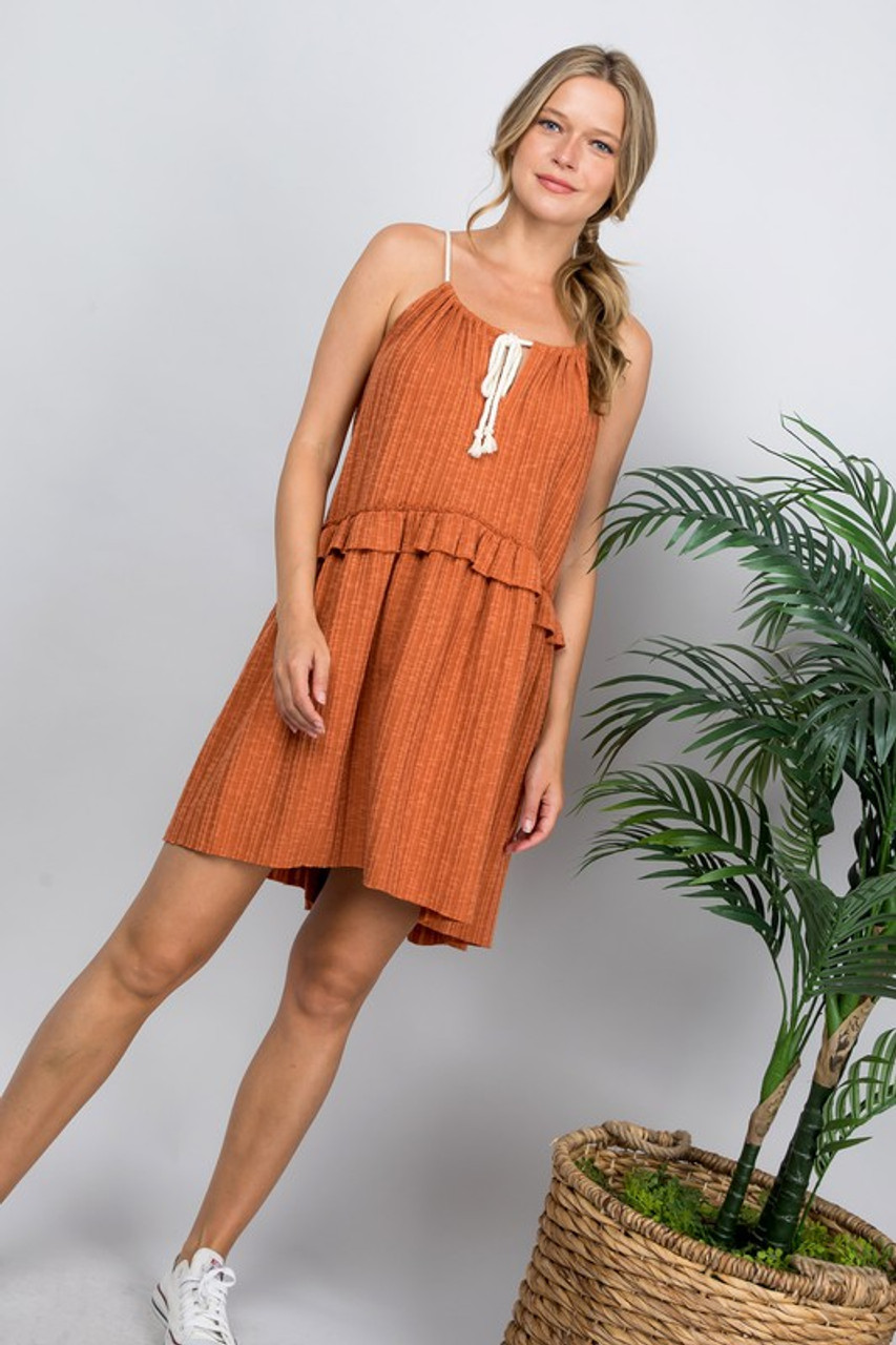 burnt orange ruffle dress