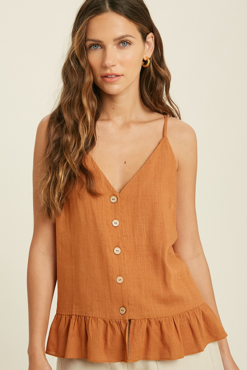 Burnt Orange Button Ruffle Hem Cami 