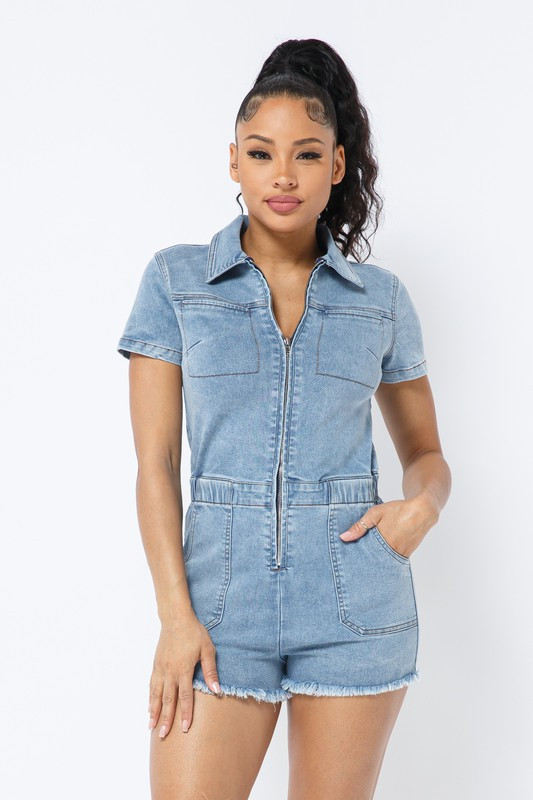 Denim Zip Up Romper - Longhorn Fashions