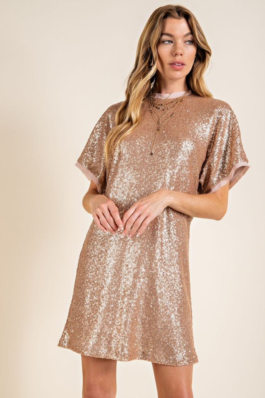 Full Moon Rose Gold Sequin Long Sleeve Cross Wrap V Neck Drape Split Maxi  Dress | Kleider