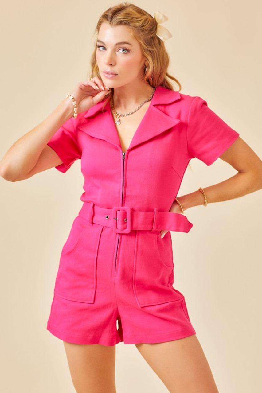 Hot Pink Belted Romper - Longhorn Fashions