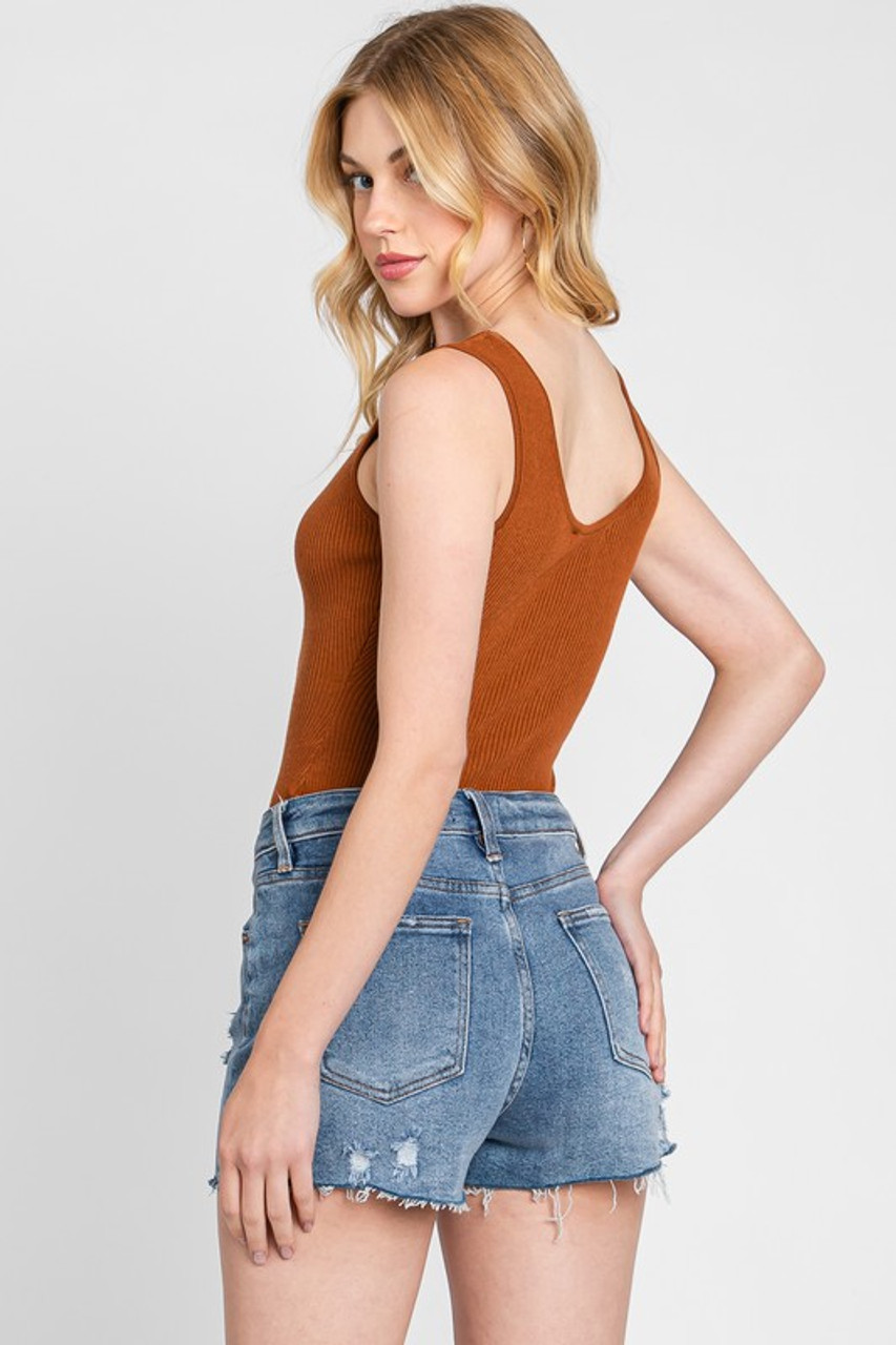 Burnt Orange Ribbed Knit Bodysuit - Longhorn Fashions