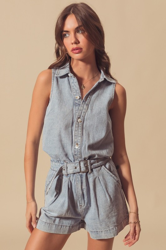Denim Button Up Belted Romper - Longhorn Fashions