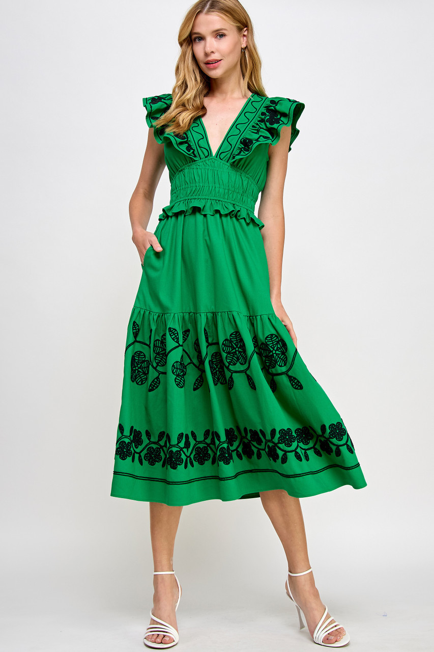 Green Embroidered Midi Dress - Longhorn Fashions