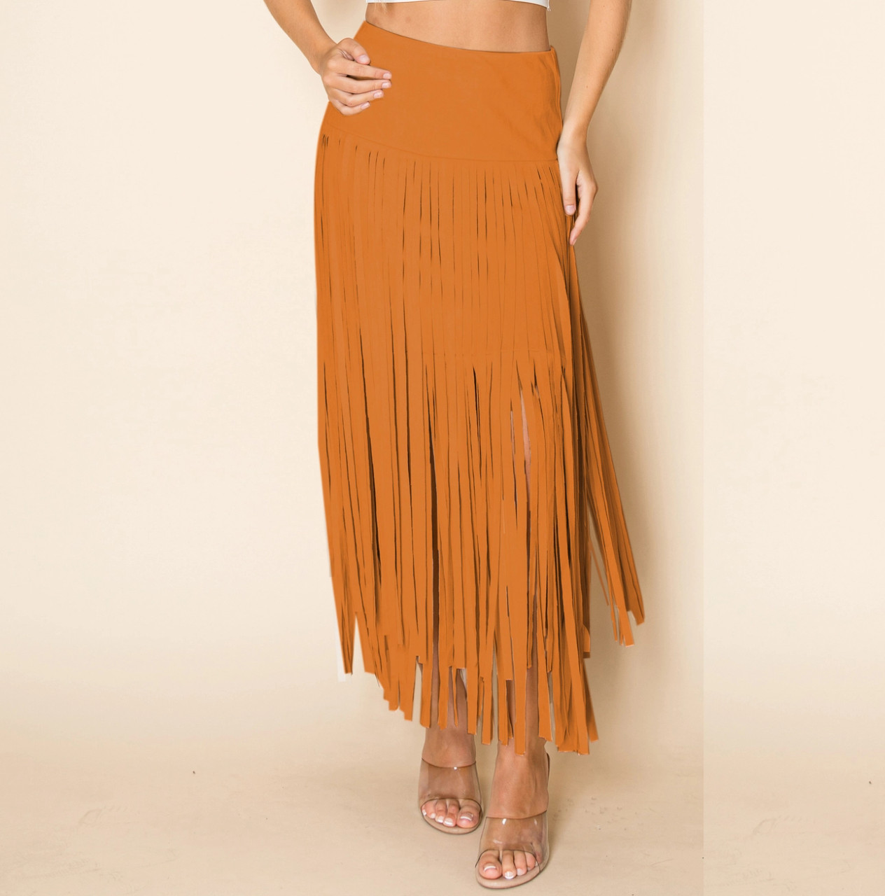 maxi skirt fringe orange skirt