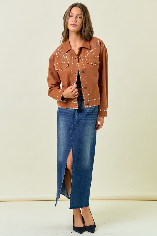 Burnt Orange Studded Jean Jacket - Main Image