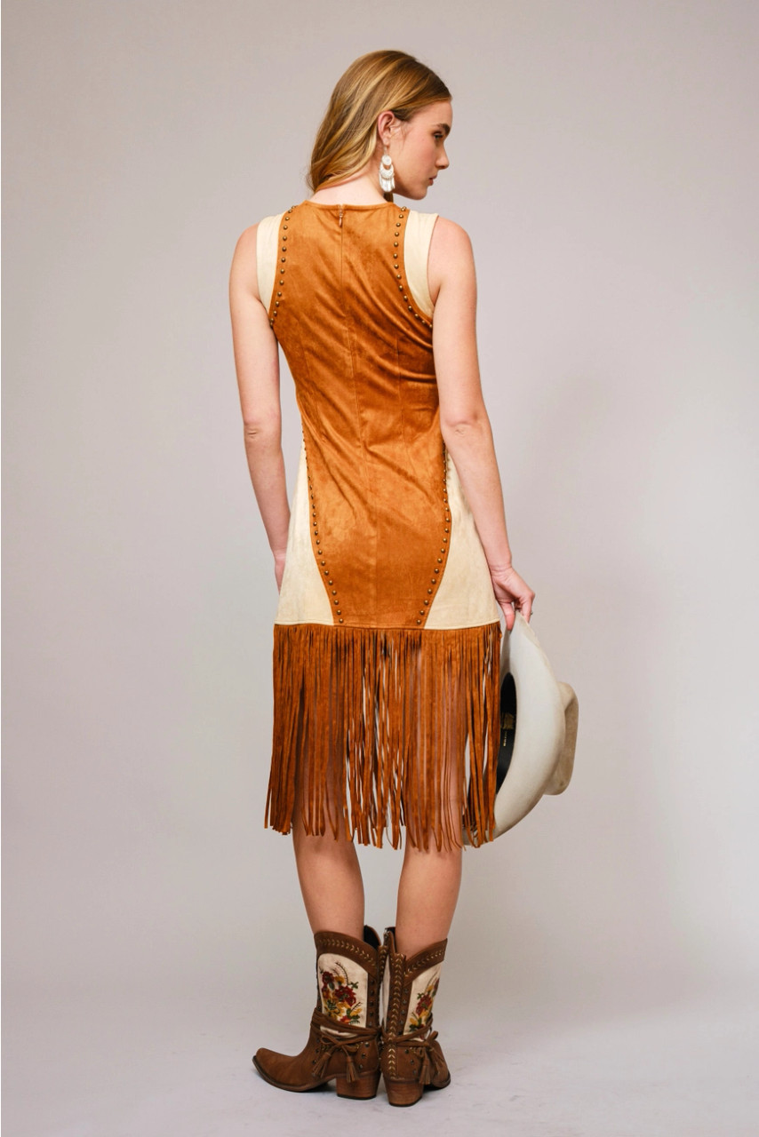 brown suede fringe dress Lovlei Ranch Annabelle Fringe Duster Dress L