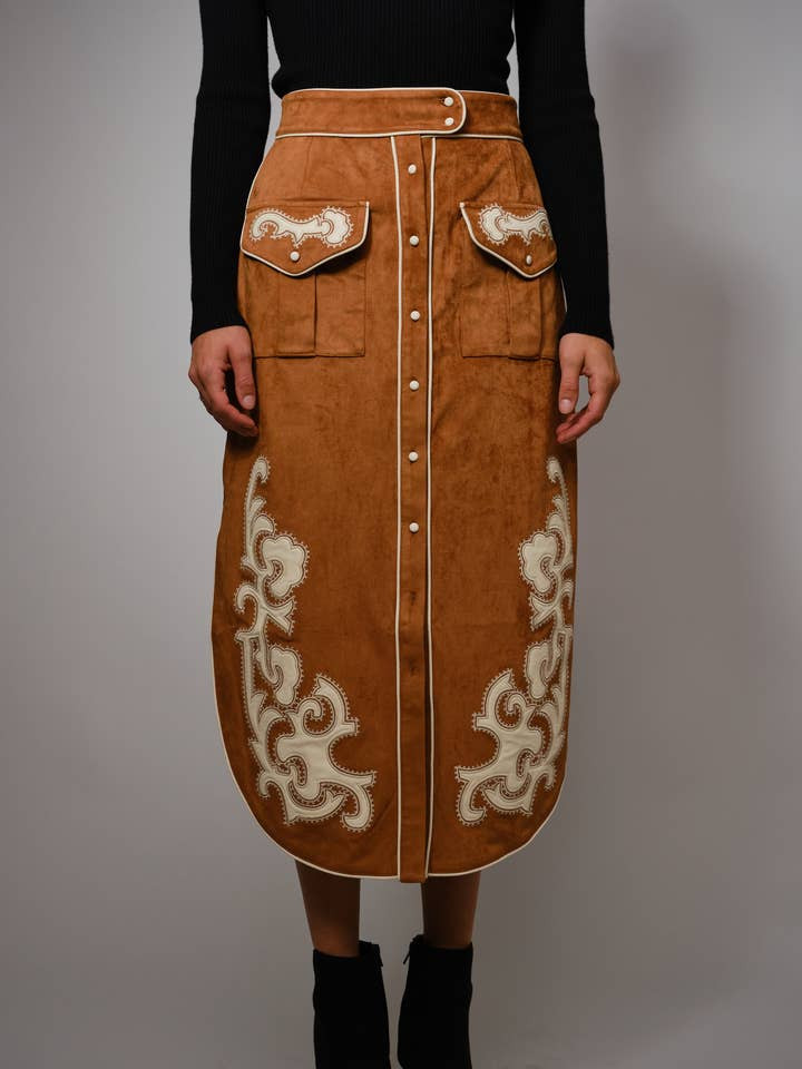 Suede Embroidered Midi Skirt