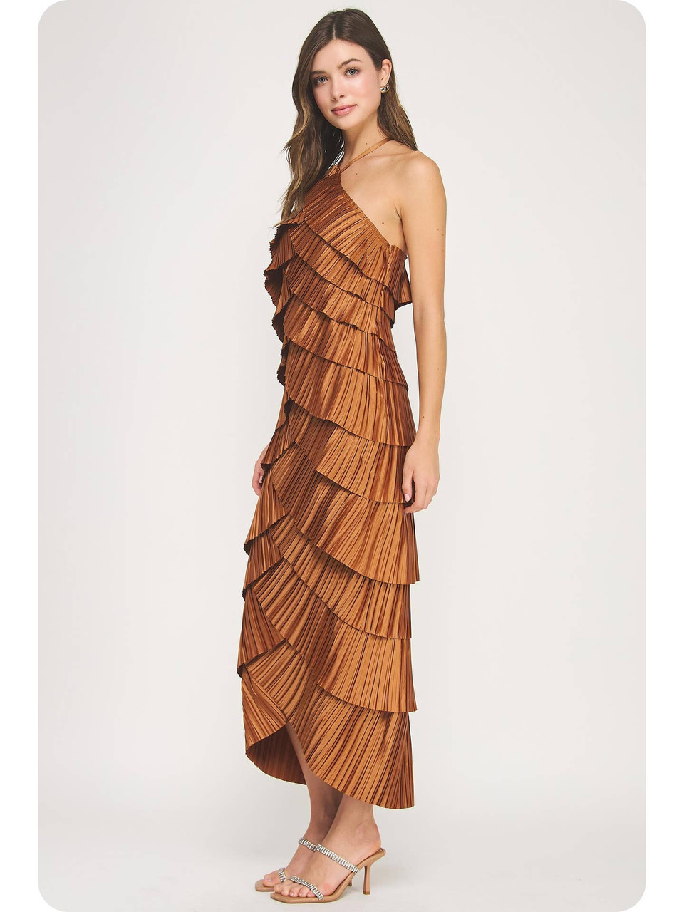 pleated satin midi dress Pleated Satin Tiered Midi Dress