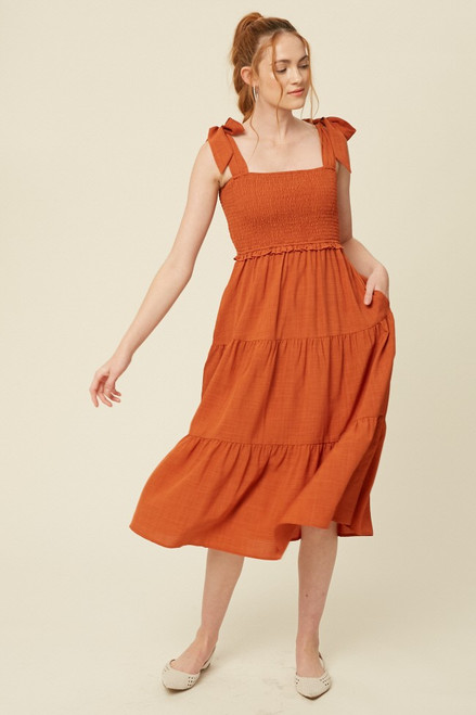 Burnt Orange Smocked Midi Dress 