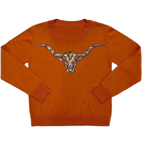 Burnt Orange Sweater with Sequin Longhorn